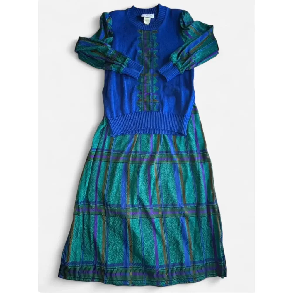 Leslie Fay Women's Sweater & Skirt 12P Vintage Blue Green Knit & Plaid